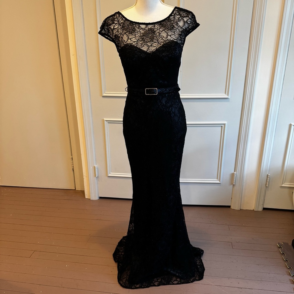 Theia Black Shimmer Lace and Navy Blue Cap-Sleeve Maxi Gown
